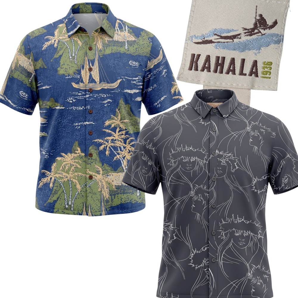 Kahala Button Down Shirt Mens XL Blue Grey Tropical Hula Girl Lot of 2 Aloha